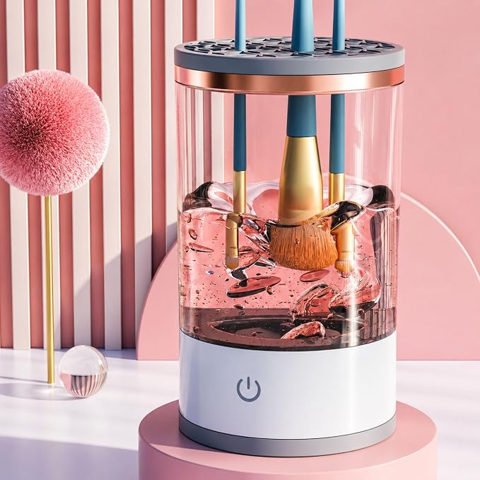 Electric makeup brush cleaner spinning brush in cleaning solution
