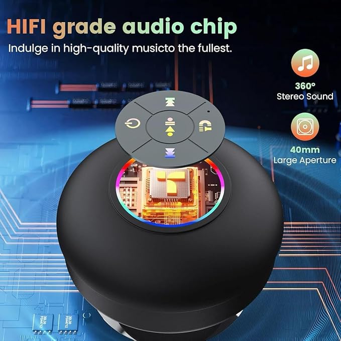 RGB LED lights glowing on Bluetooth shower speaker