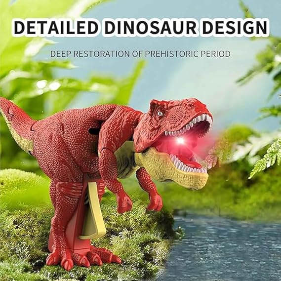 Young boy controlling the walking electronic T-Rex dinosaur toy across the floor