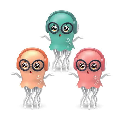 Interactive dancing jellyfish toy for kids in bright orange and blue on a plain white background