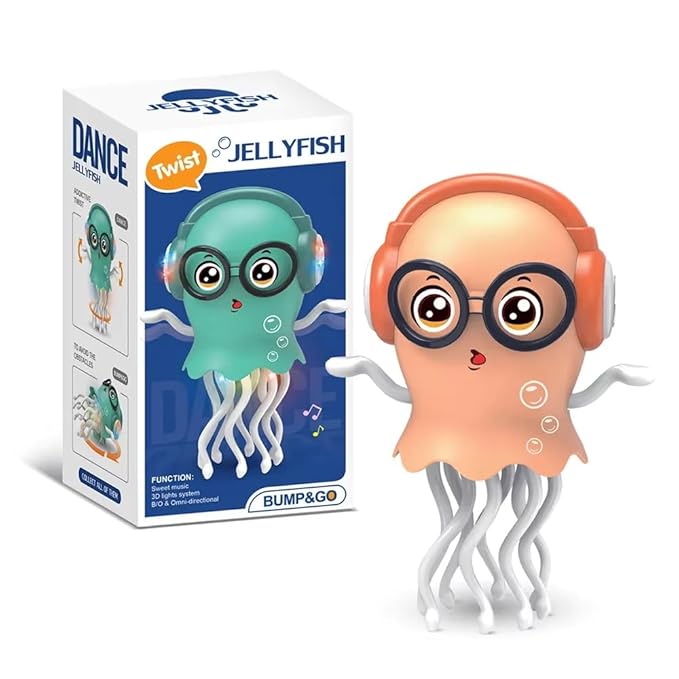 Dancing jellyfish toy emitting multi-colored LED light projections while moving on a wooden floor