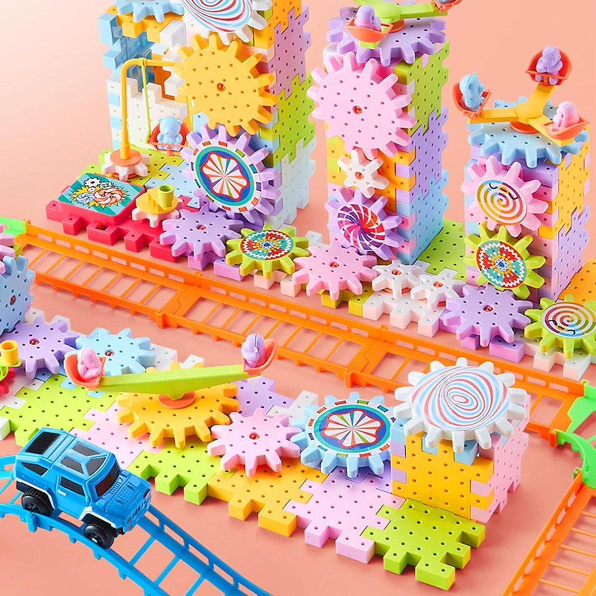 Close-up of colorful interlocking gear panels