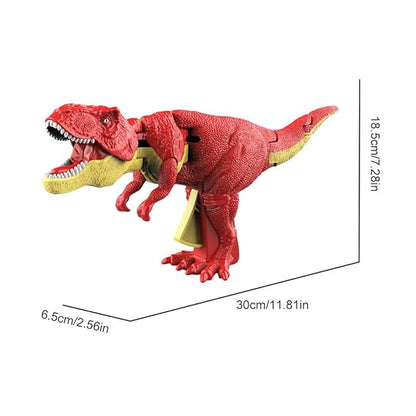 Interactive RC dinosaur toy with glowing red LED eyes roaring in a dark room