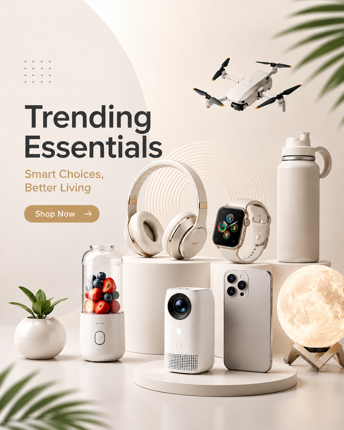 Vanya Store homepage banner showcasing trending essentials - wireless headphones, smartwatch, drone, portable blender, insulated water bottle and moon lamp for smart everyday living in India